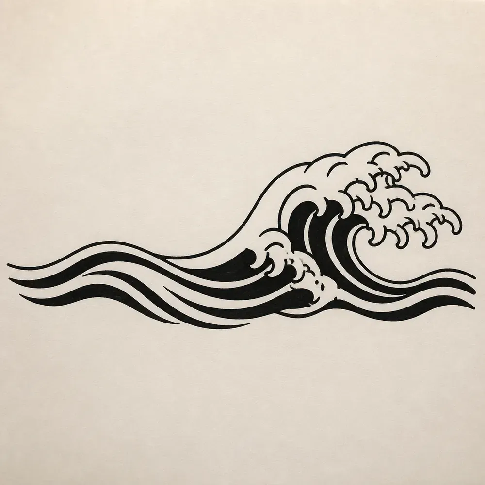 A curling ocean wave in black with solid black water bands and a foamy crest of clawed curls breaking to the right.