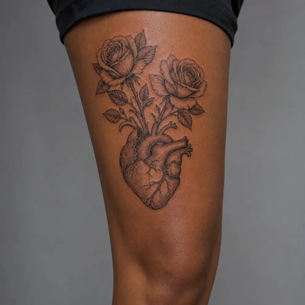 An anatomical heart with two roses rising from its vessels, tattooed in black and grey above the knee on a warm brown thigh.