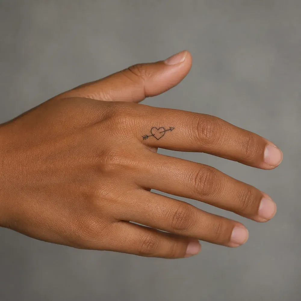 A tiny outline heart with an arrow through it tattooed on the top of the index finger, just above the knuckle, on warm brown skin.