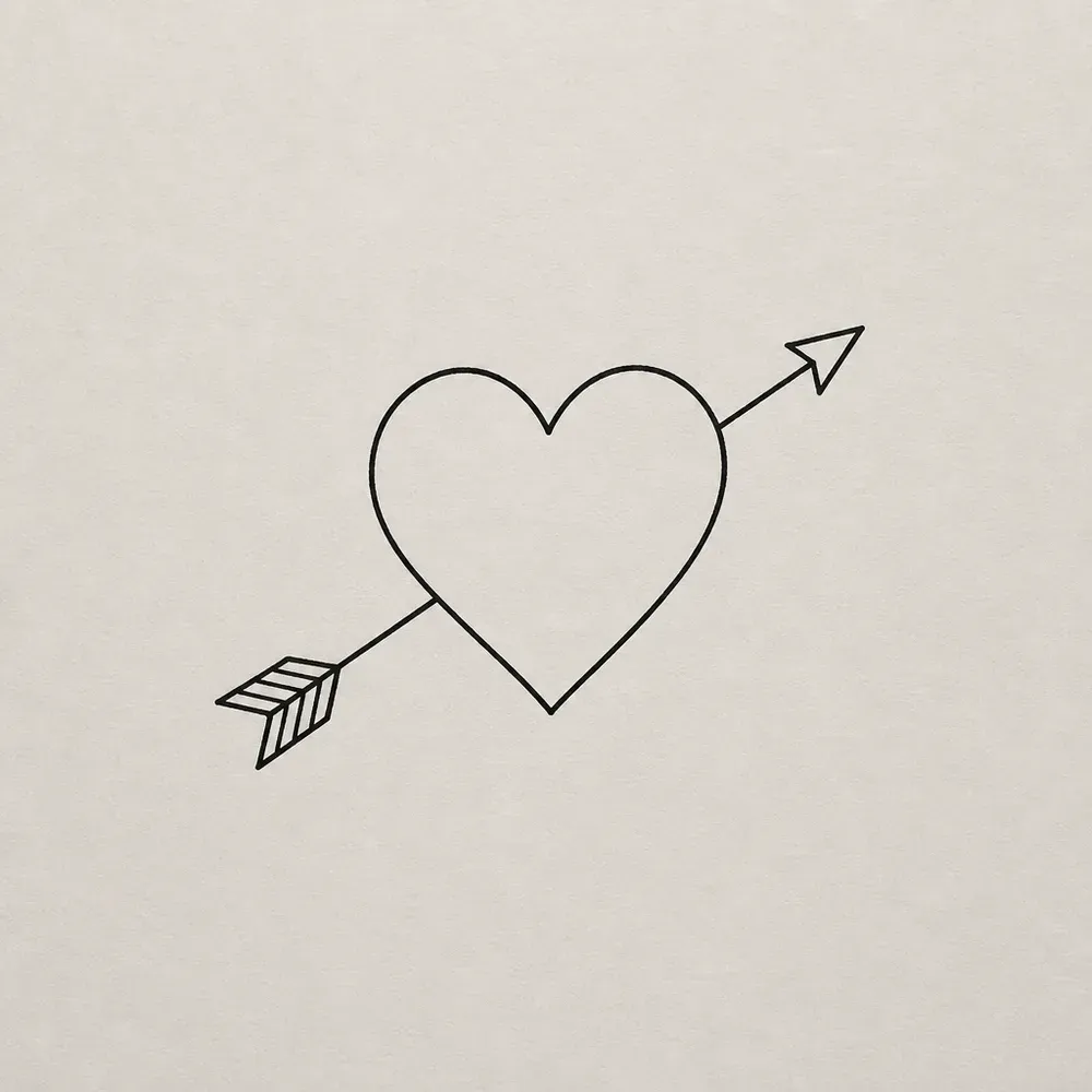 A plain outline heart with a thin arrow passing diagonally through it, a small triangular head and a feathered tail, in one fine line.