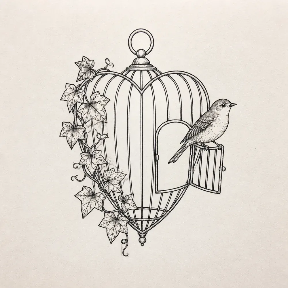 A heart-shaped birdcage with a hanging ring on top, ivy climbing its left side and a small songbird perched on its open door.