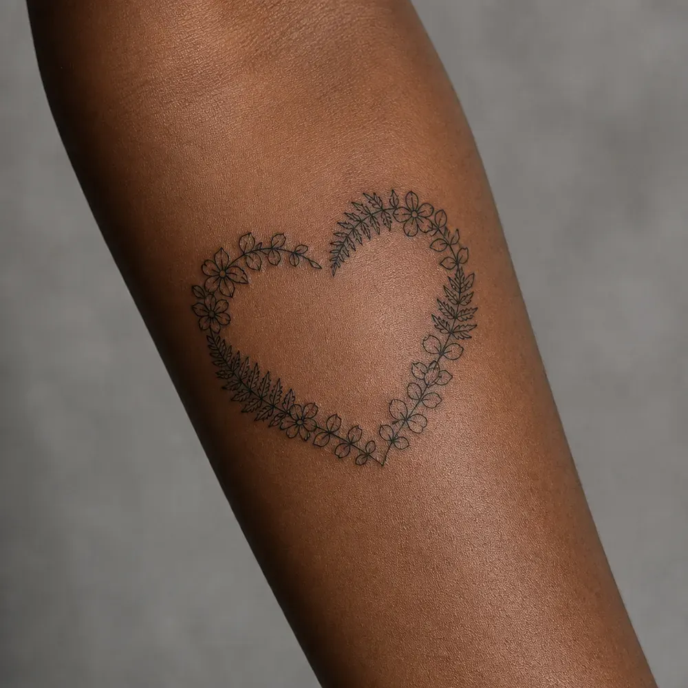 A fine-line heart outline of ferns, small flowers and round leaves tattooed on the inner forearm of deep brown skin.
