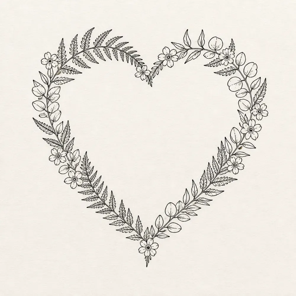 A heart outline made of fern fronds, round eucalyptus leaves and small five-petal flowers in fine black line, the middle left empty.