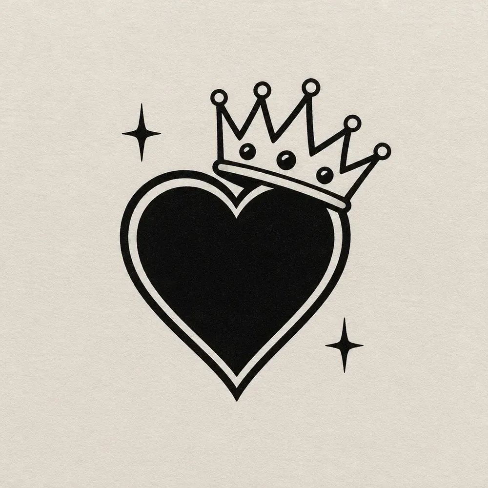 A solid black heart with a thin inset outline, a tilted five-point crown sitting on its right lobe and two small sparkles beside it.