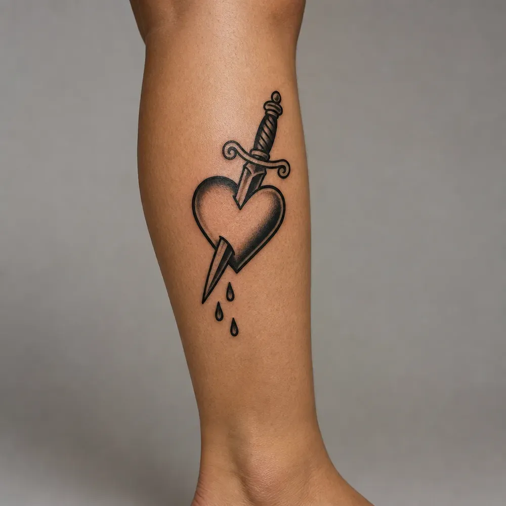 A heart pierced by a dagger with three drops falling from its point, tattooed in bold black on the outer calf of light tan skin.