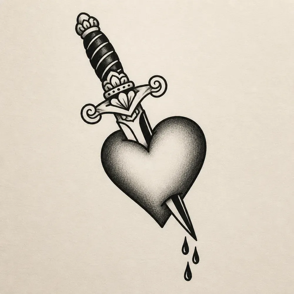 A shaded heart pierced diagonally by a dagger with a scrolled crossguard and banded grip, three drops falling from the blade's point.