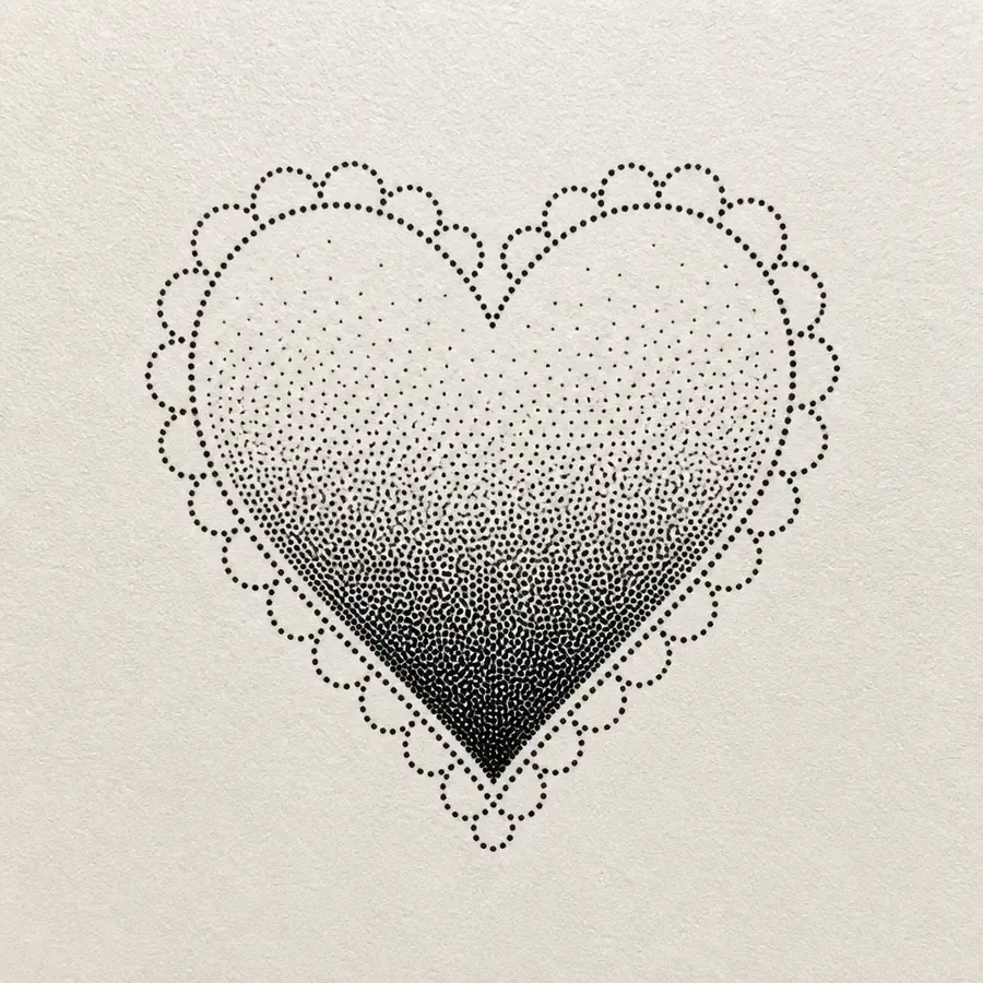 A heart filled with stippled dots that grow dense and dark toward the point, inside a scalloped border of tiny dotted loops.
