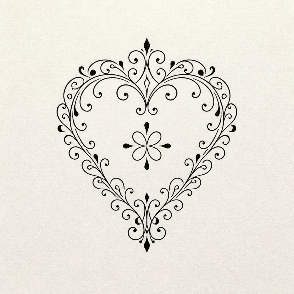 A symmetrical heart outline made of fine scrolling curls and small black teardrops, with a four-petal flower motif at its centre.