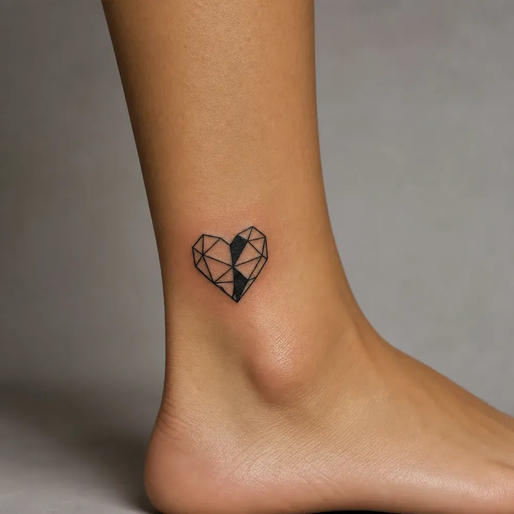 A small faceted heart of thin triangles with a solid black strip down its middle, tattooed above the ankle bone on medium tan skin.