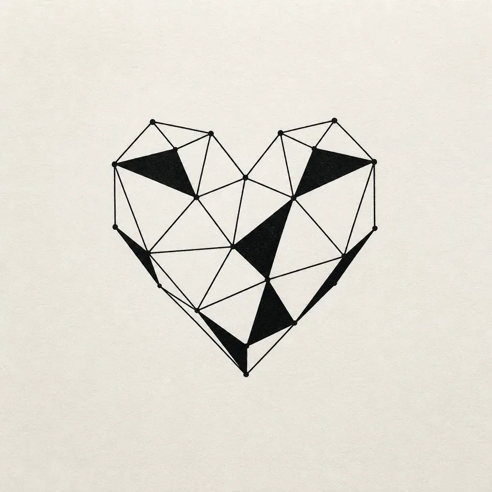 A faceted geometric heart built from straight lines and triangles, several facets filled solid black and small dots at some corners.