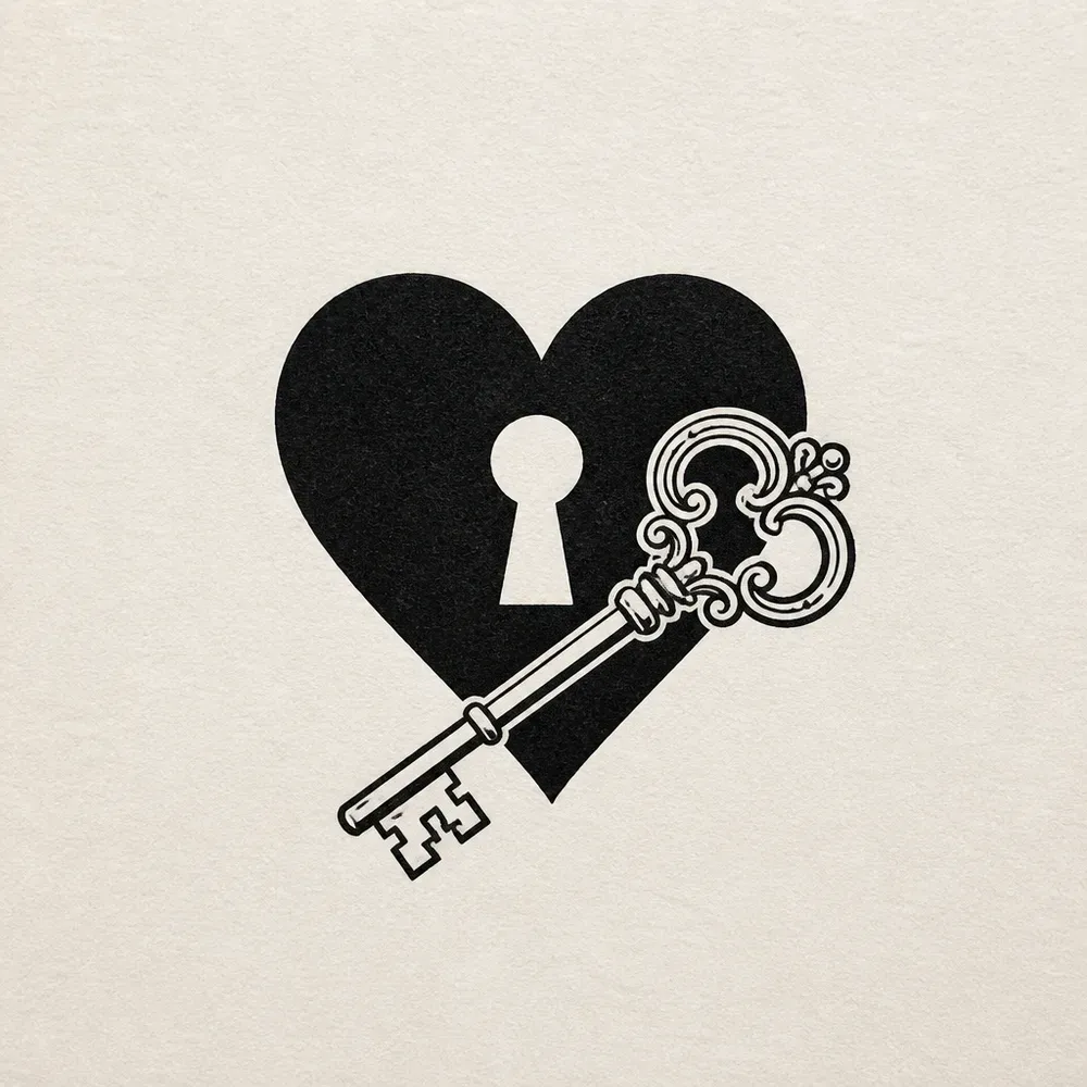 A solid black heart with a keyhole cut out of its centre and an ornate skeleton key lying diagonally across its lower right.