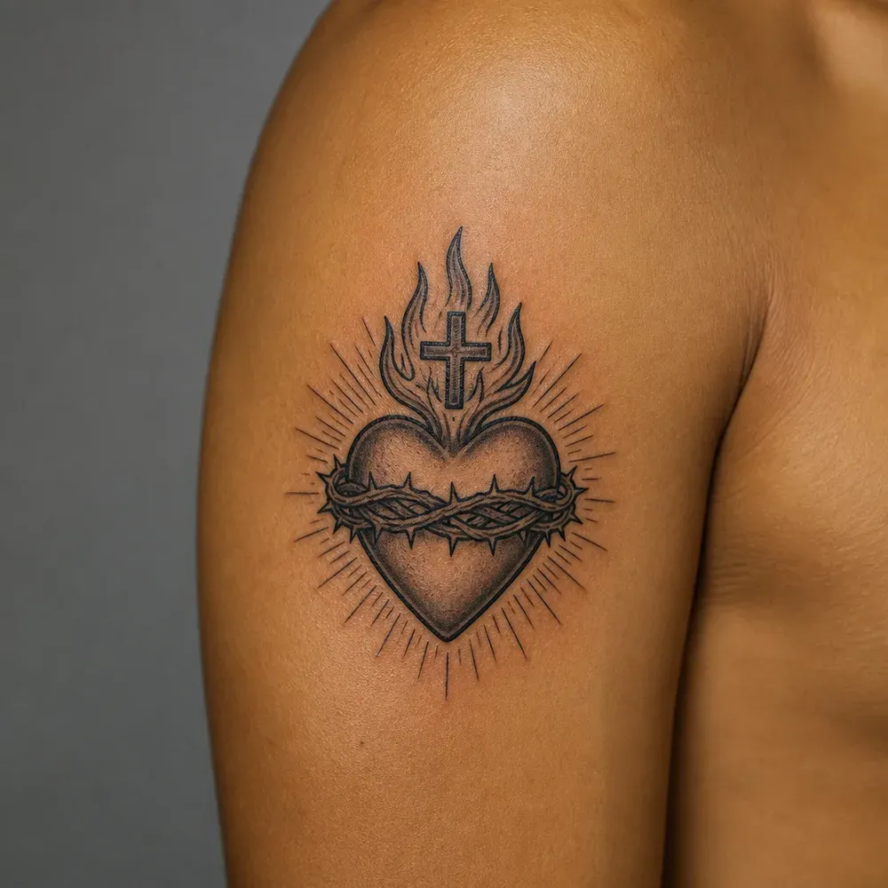 A sacred heart with flames, a small cross, a band of thorns and fine rays tattooed on the outer upper arm of warm tan skin.