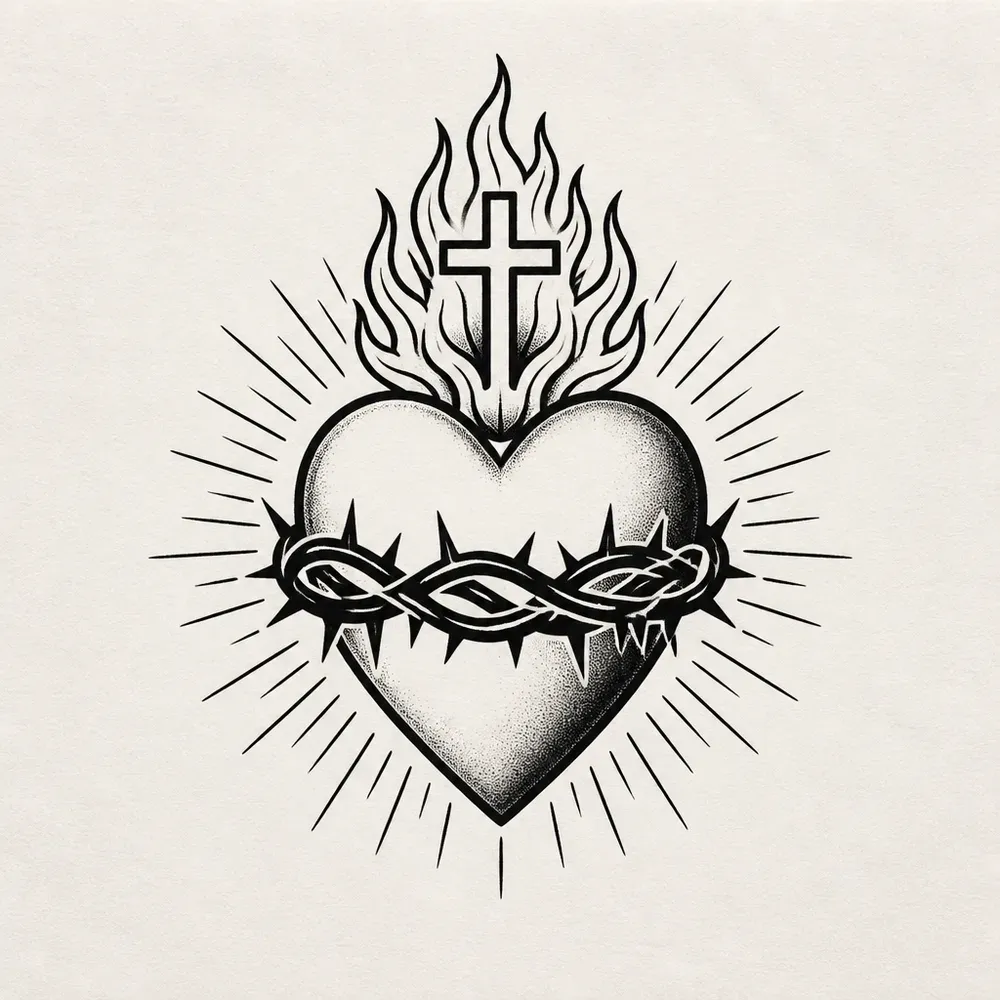 A traditional sacred heart with flames and a small cross rising from the top, a band of thorns around its middle and rays fanning out behind.