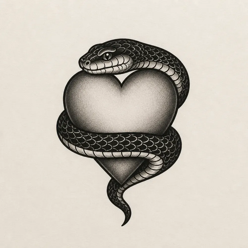 A shaded heart with a black-scaled snake coiled around it, the snake's head resting on the top of the heart and its tail curling below.