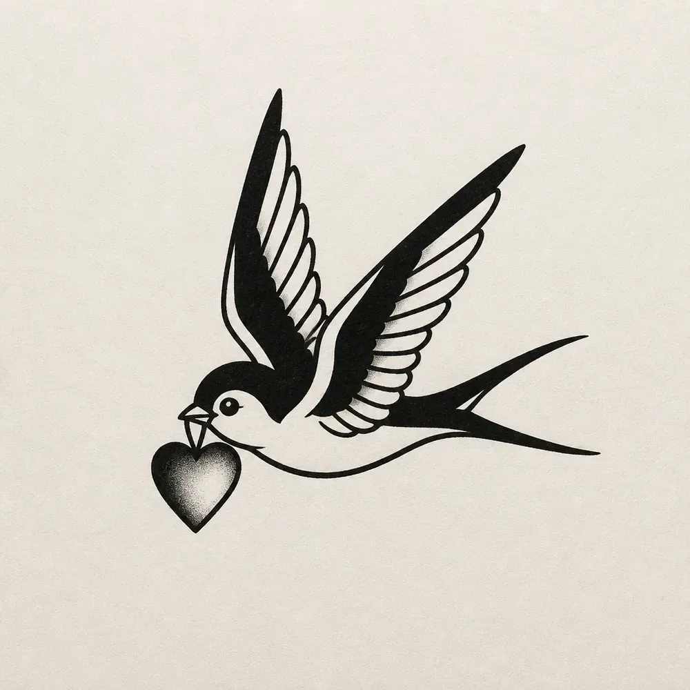 A traditional swallow in flight with solid black wings and back, a long forked tail and a small shaded heart held in its beak.