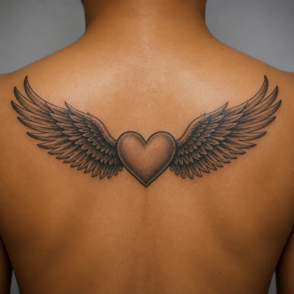 A shaded heart with wide feathered wings tattooed across the upper back between the shoulder blades, seen from behind on medium brown skin.