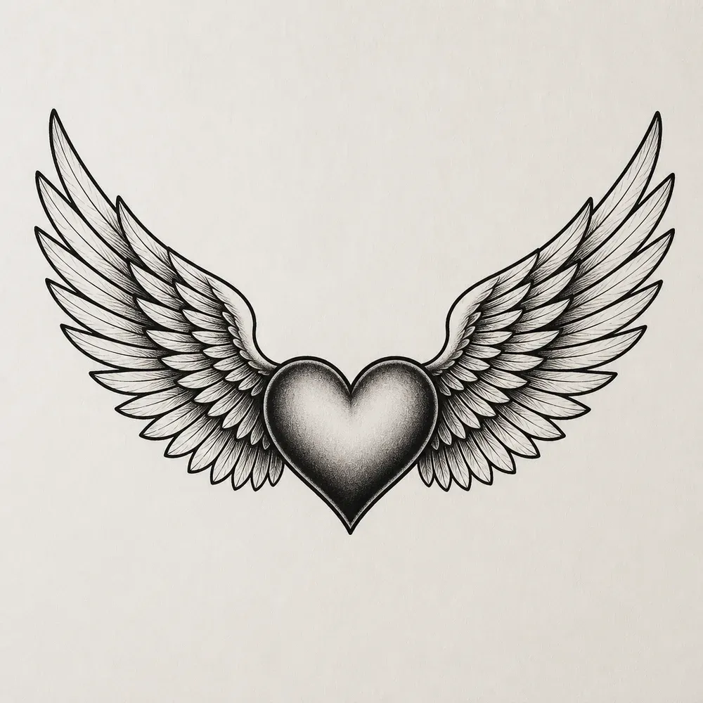 A small shaded heart at the centre of a wide pair of feathered wings, each wing drawn in layered rows of fine-lined feathers.