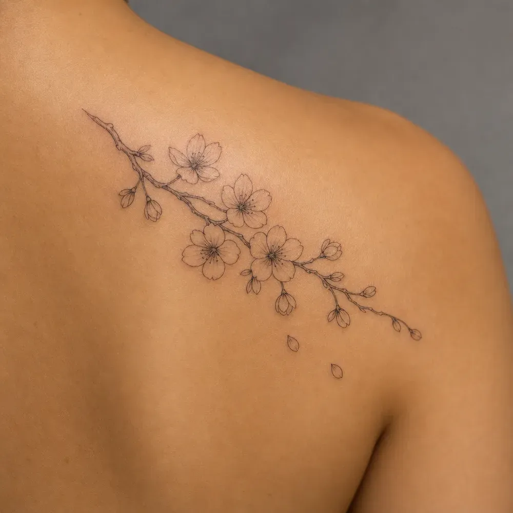 A fine-line cherry blossom branch with two falling petals, tattooed on the shoulder blade of light morena Filipino skin.