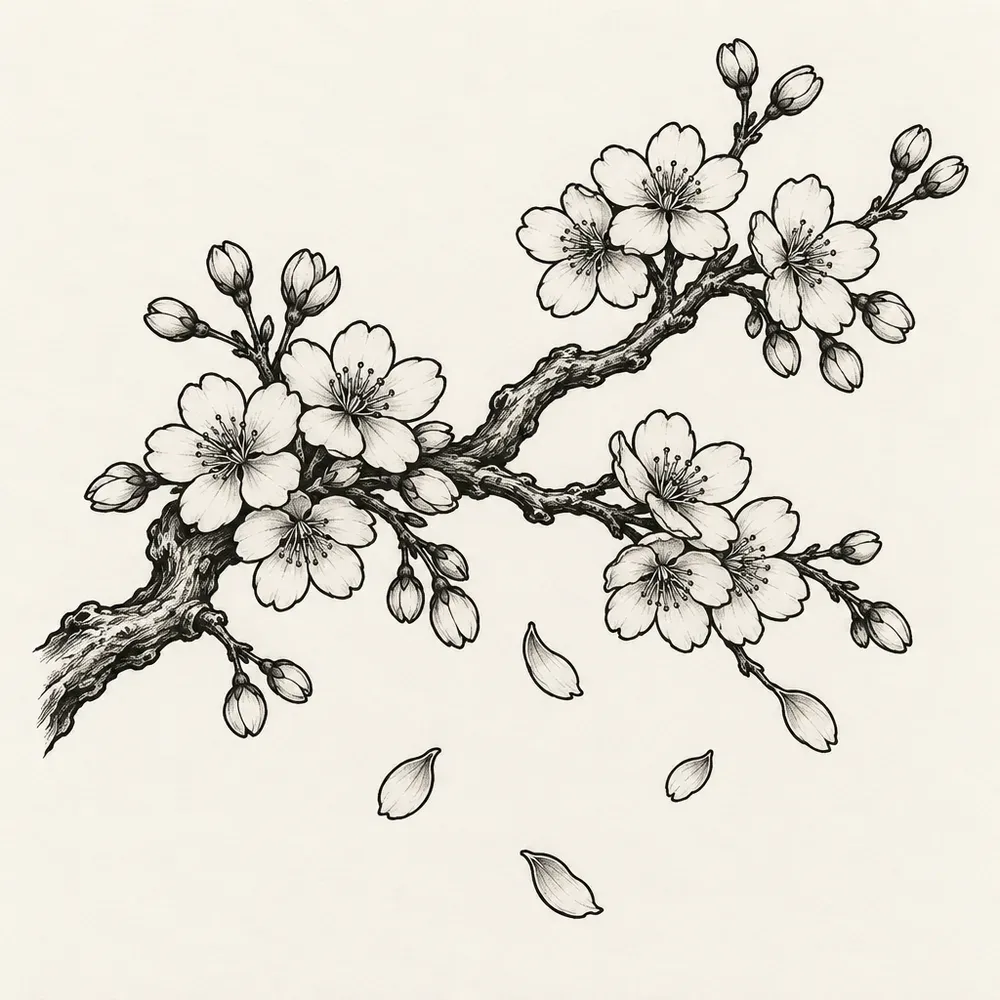 A cherry blossom branch in bloom with a few petals falling free of it, drawn in fine black line.