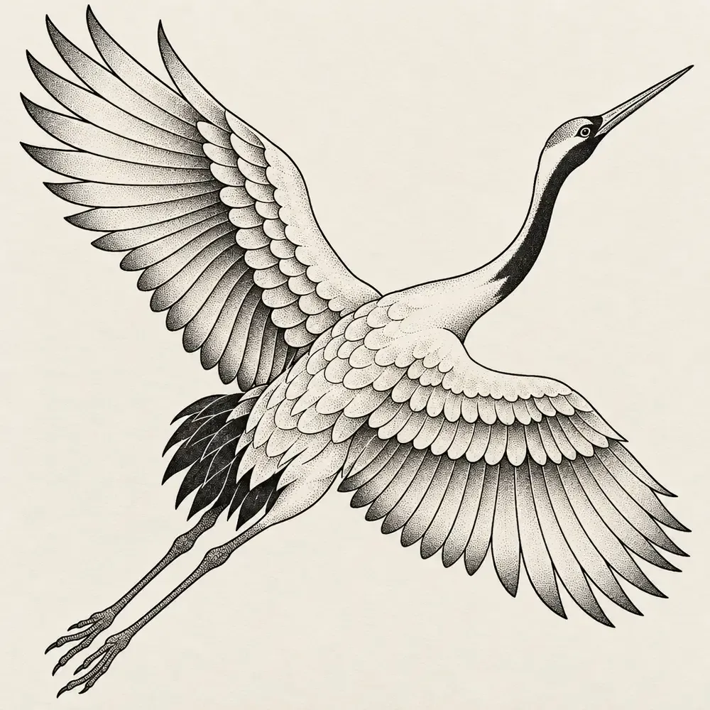 A crane in flight with its neck extended, legs trailing and wings spread.