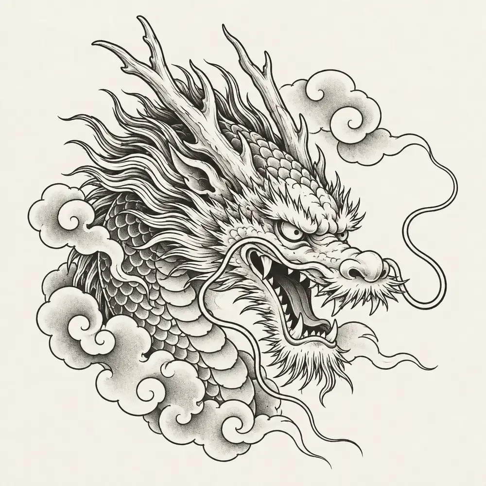 A dragon's head with long whiskers and bared teeth, surrounded by curling clouds.