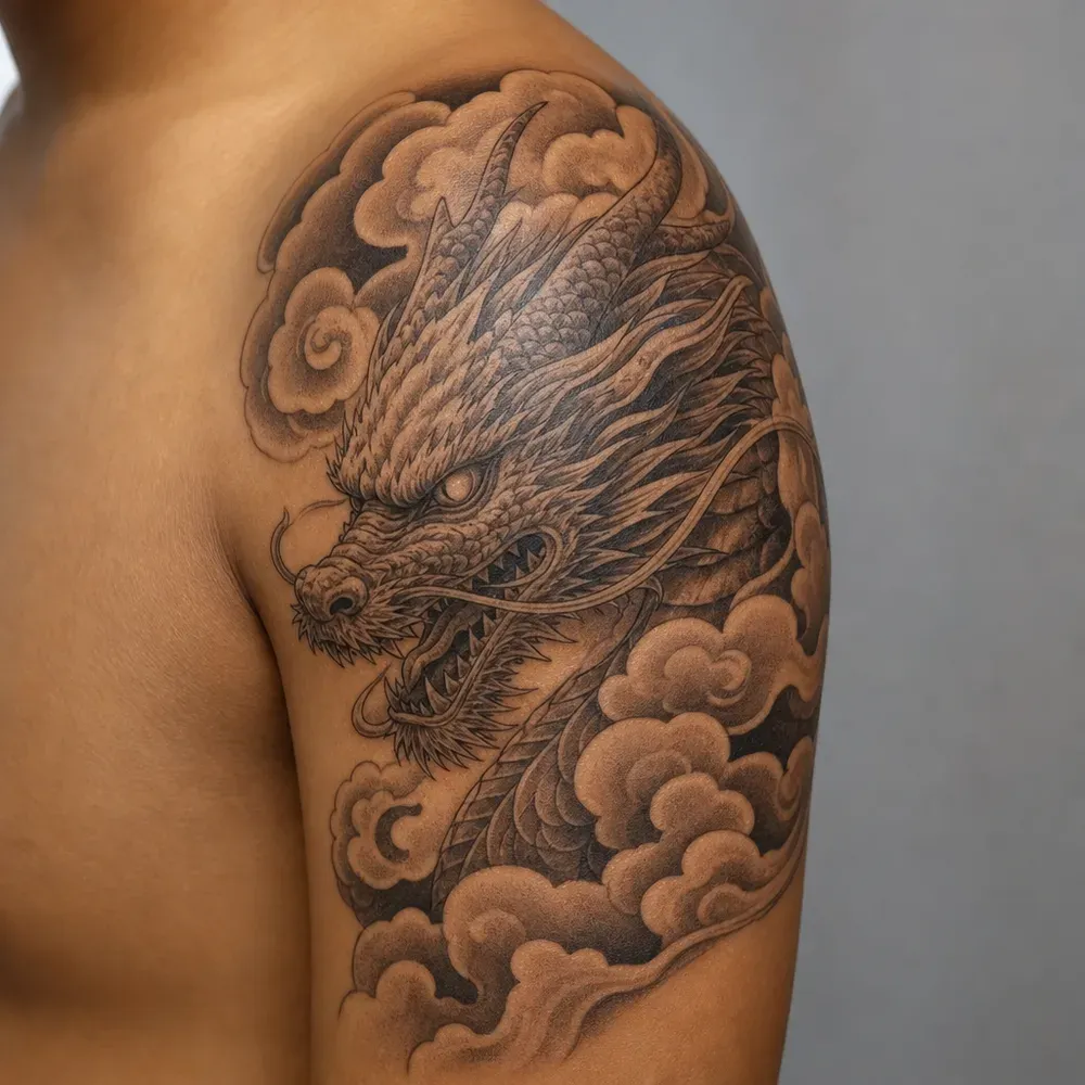 A black and grey dragon's head among clouds, tattooed over the shoulder and upper arm of medium brown skin.