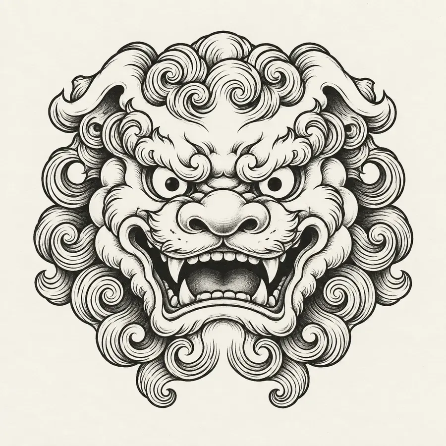 A guardian lion's head seen face on, its mane drawn as tight curls.