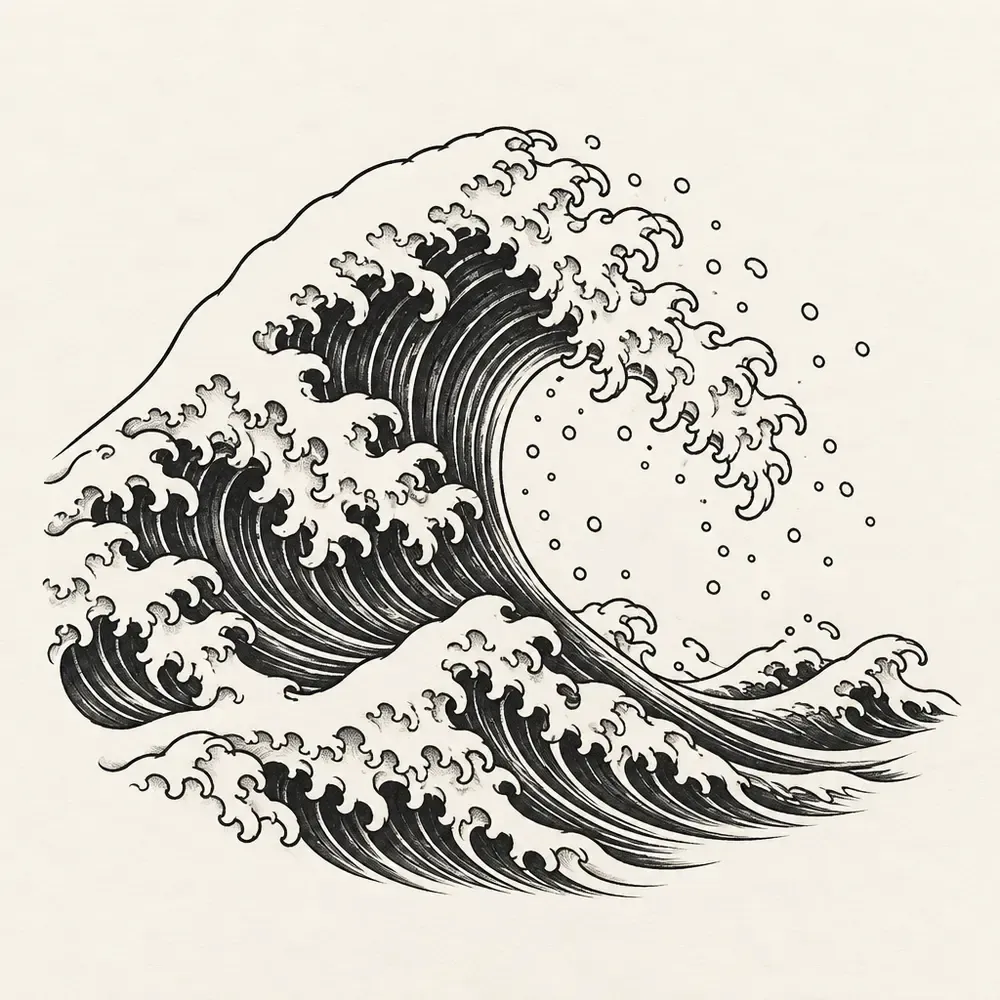 A great breaking wave with a curling crest and scattered droplets of spray.