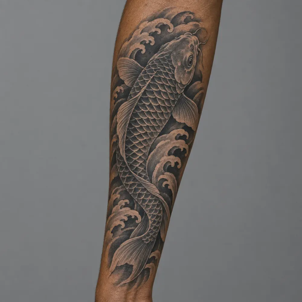 A black and grey koi swimming through water, tattooed the length of the forearm on warm brown skin.