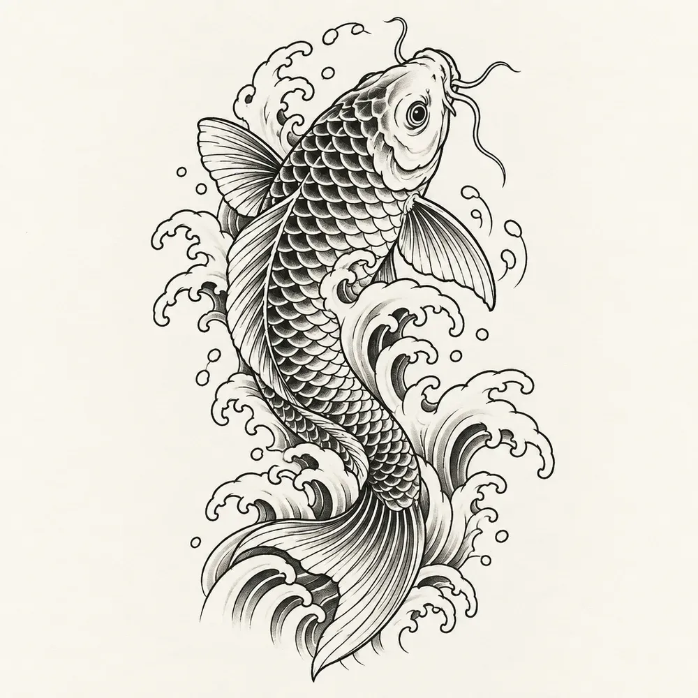 A koi carp swimming upward through curling water, its scales drawn one by one.