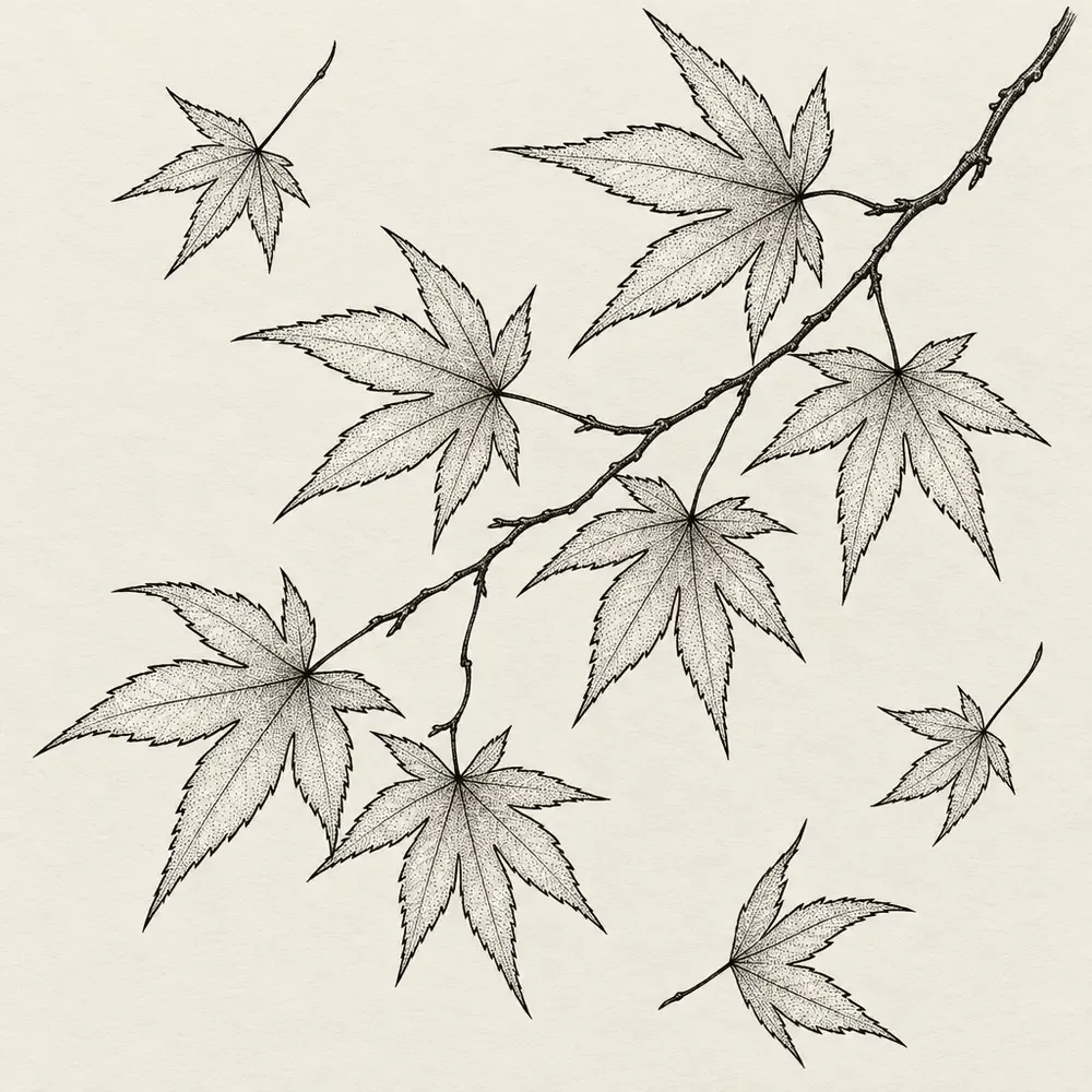 A branch of pointed maple leaves with several drifting free of it.