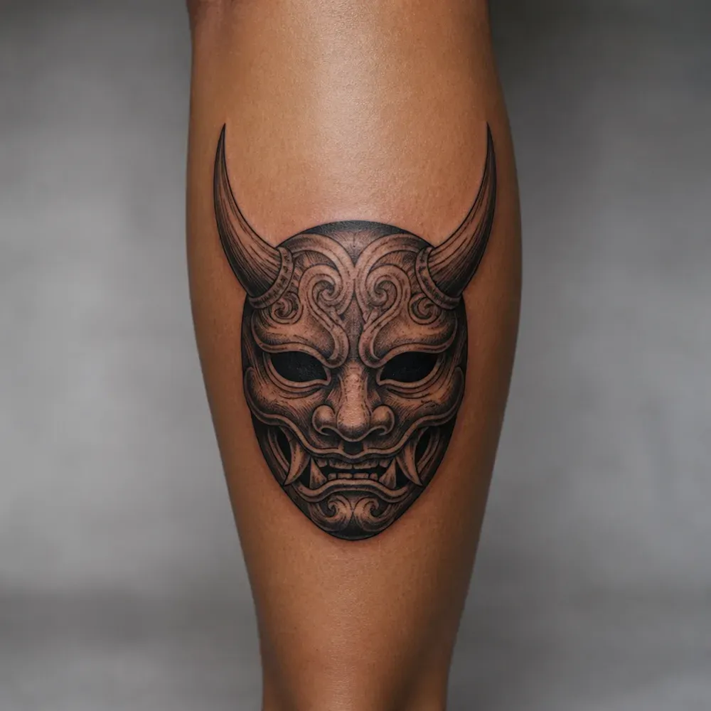 A black and grey horned mask tattooed on the calf of medium brown skin.