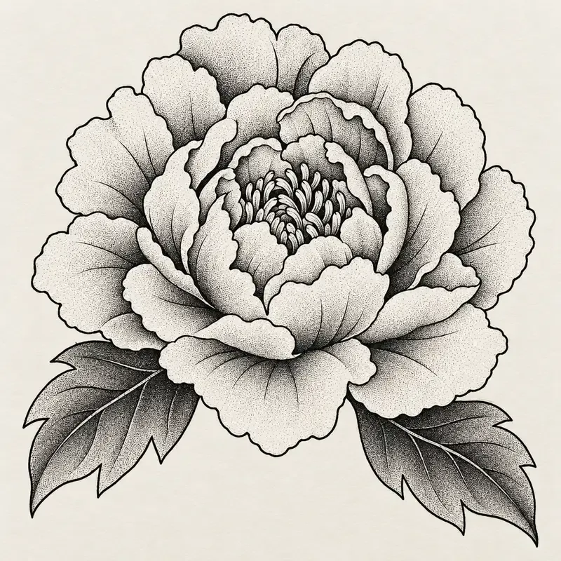 A peony with layered petals opening wide above two broad leaves.