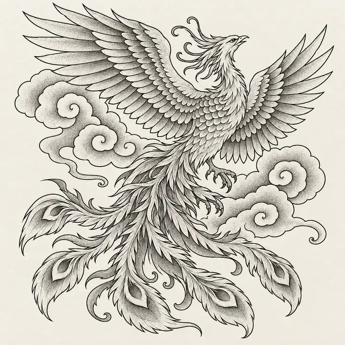 A phoenix with spread wings and long trailing tail feathers among curling clouds.