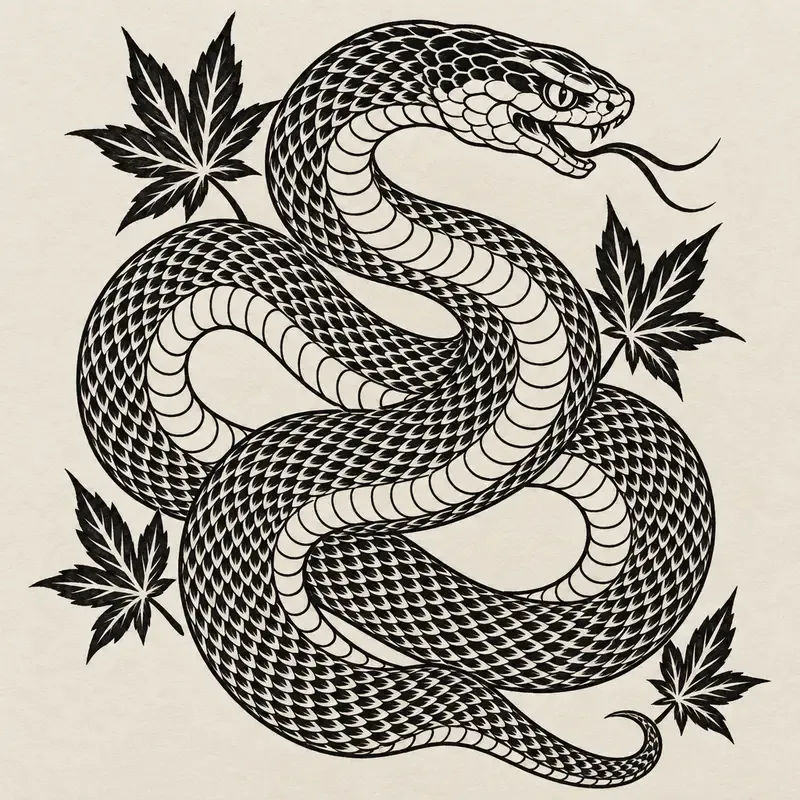 A snake coiled in a loop with its head raised and tongue out, among maple leaves.