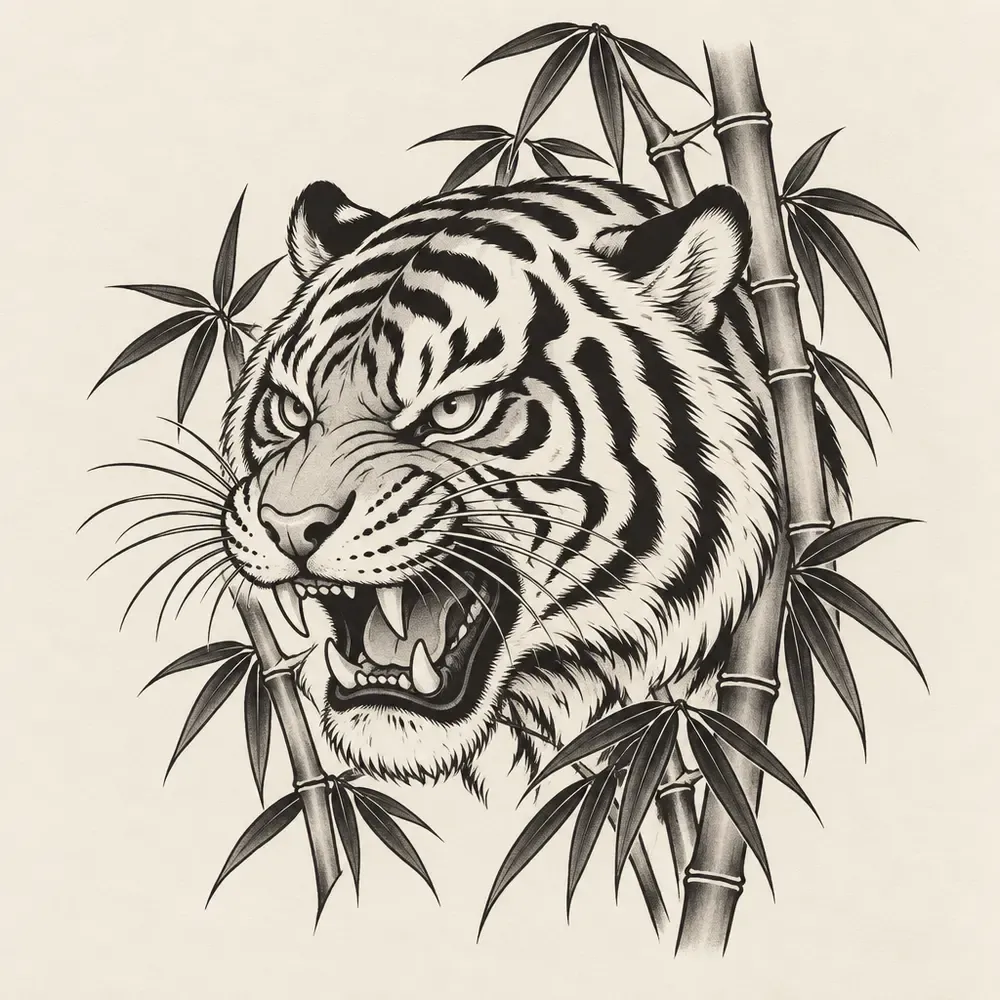 A tiger's head snarling among bamboo stems and leaves.