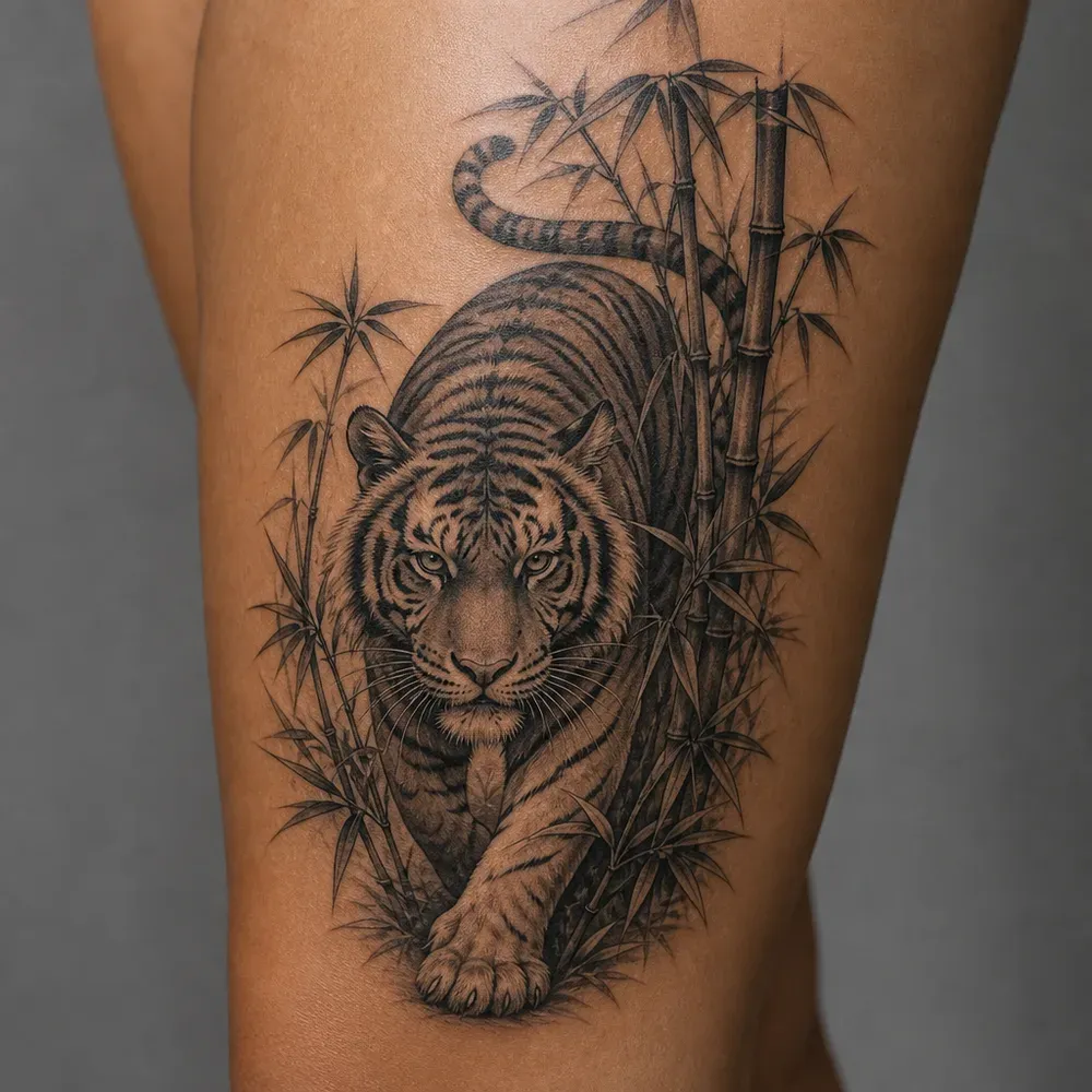 A black and grey tiger among bamboo, tattooed on the thigh of medium brown skin.