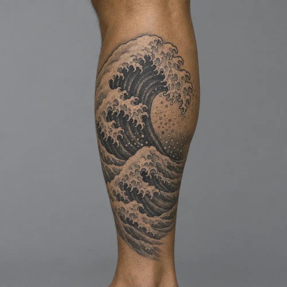 A great breaking wave tattooed on the calf of olive skin.