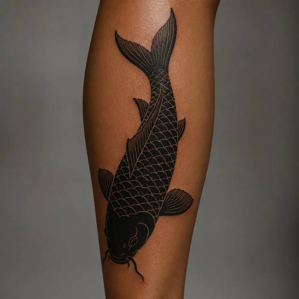 A solid black koi with negative-space scales swimming head down the back of the calf on warm medium brown skin.