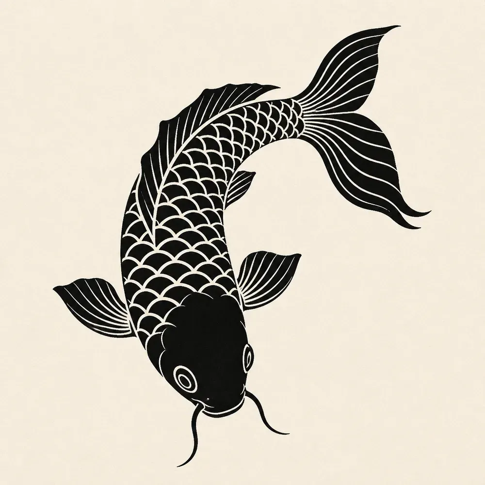 A koi swimming head down in solid black, its scales, fins and tail picked out in thin negative-space lines, two barbels at the mouth.