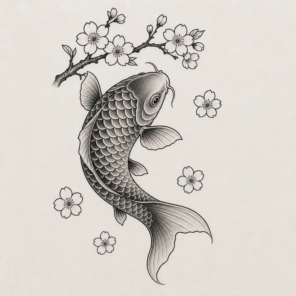 A black and grey koi curving upward below a flowering cherry branch, with four loose blossoms drifting around its body.