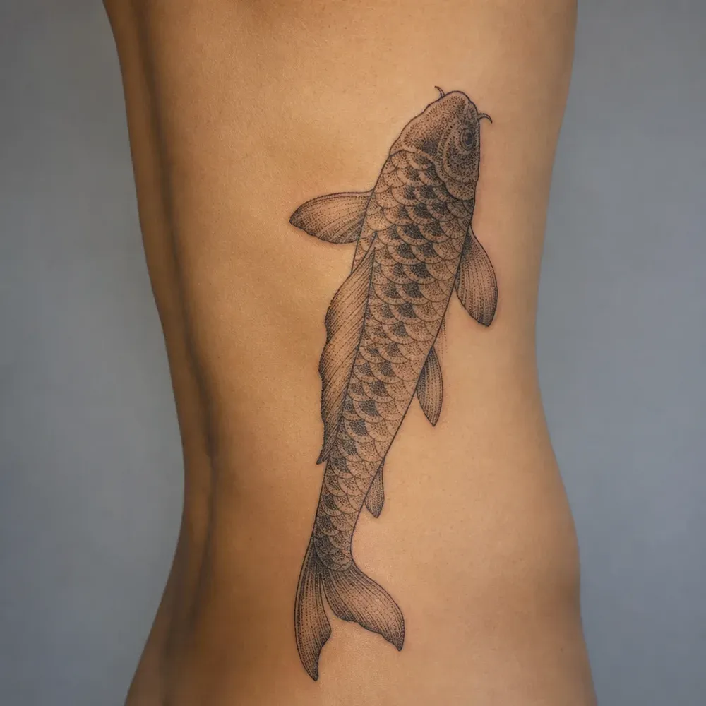 A stipple-shaded koi swimming head up the side of the ribcage toward the armpit, on light tan skin.