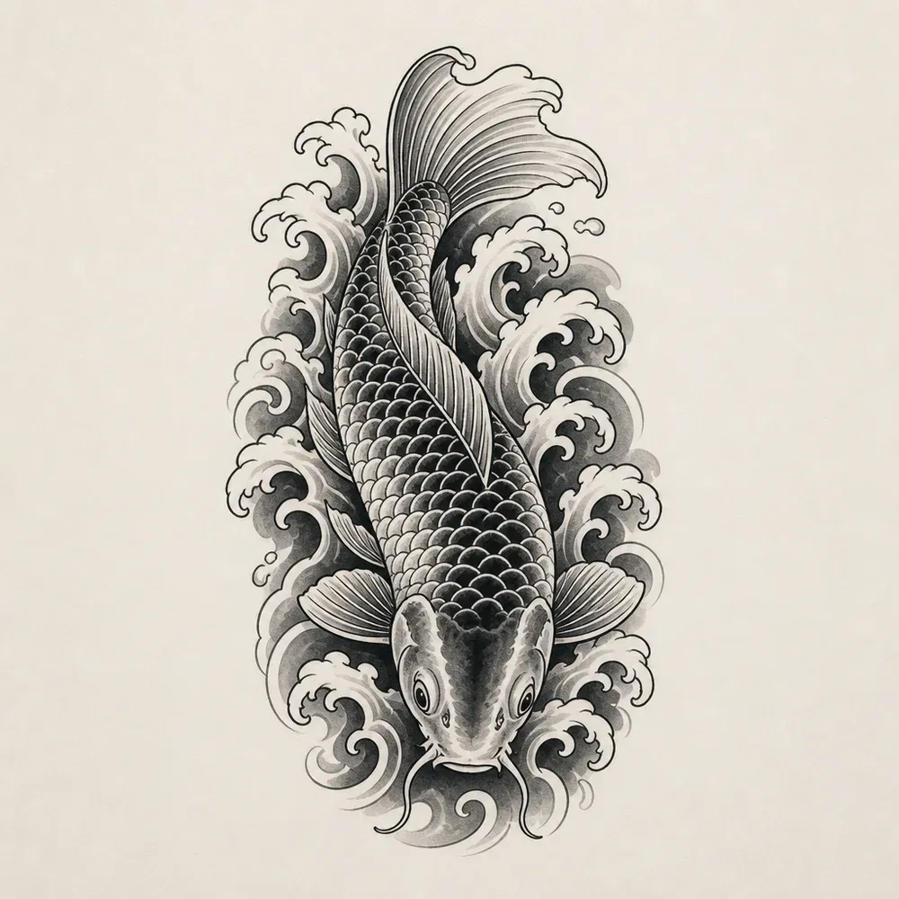 A koi swimming head down through tall curling waves, heavy black and grey shading on the water and fine rows of scales.