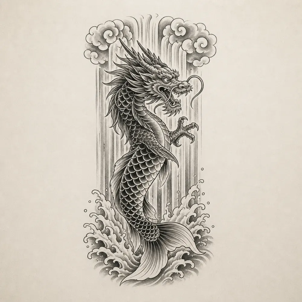 A koi halfway to a dragon, a horned dragon head and clawed forelegs on a scaled carp body, rising from splashing water under clouds.