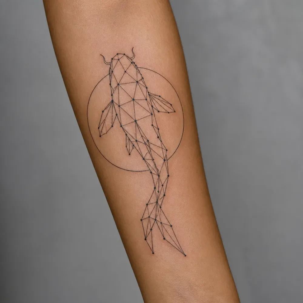 A koi made of straight lines and dots over a thin circle, tattooed along the forearm on olive tan skin.