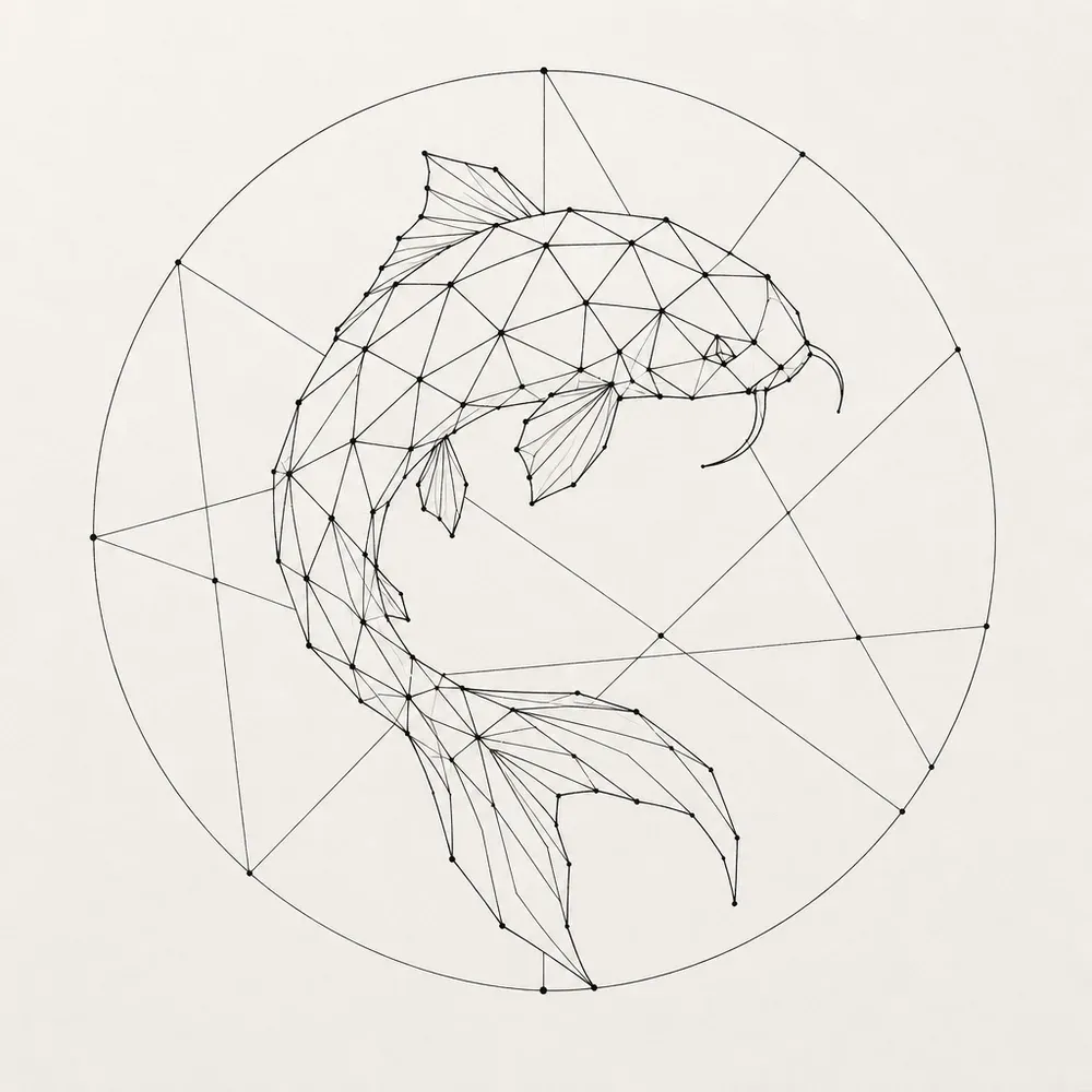 A koi built from straight lines with dots at the joints, curling inside a thin circle crossed by long straight lines.
