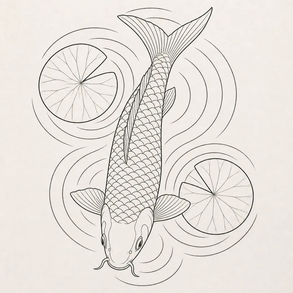 A koi seen from directly above swimming between two notched lily pads, rings of ripples spreading around them, in fine black line.