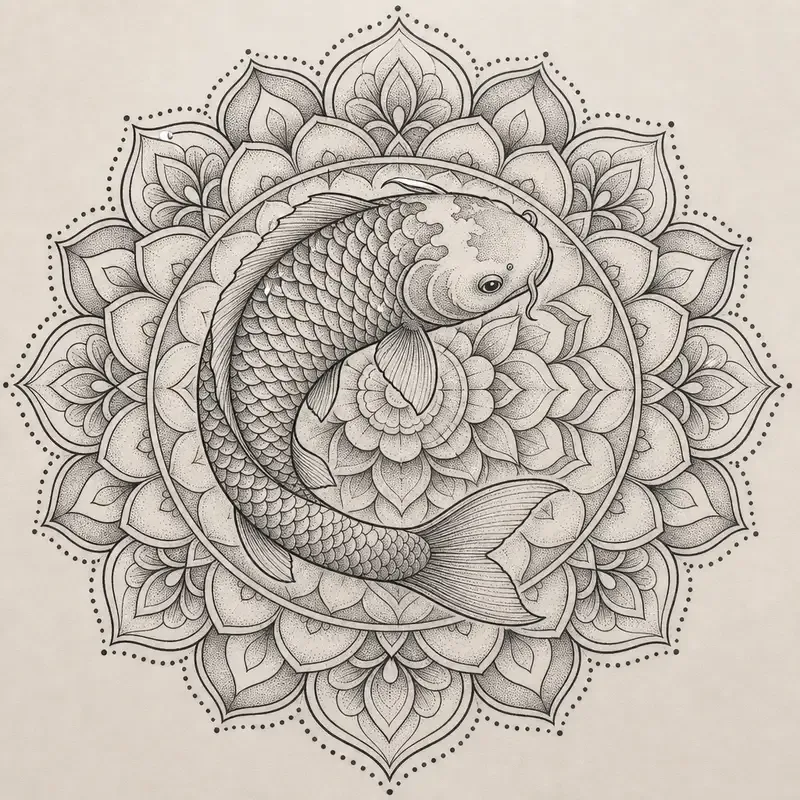 A stippled koi curled in a circle at the centre of a symmetrical petal mandala, ringed by a border of dots.