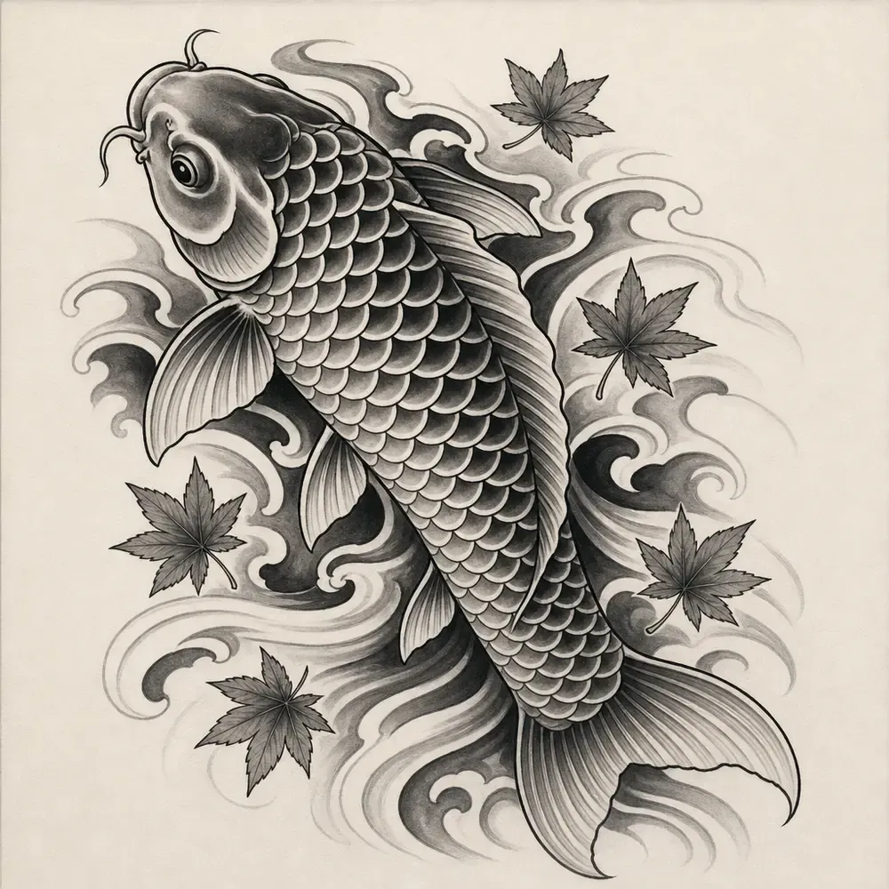 A black and grey koi swimming up through dark curling water, with five Japanese maple leaves scattered around it.