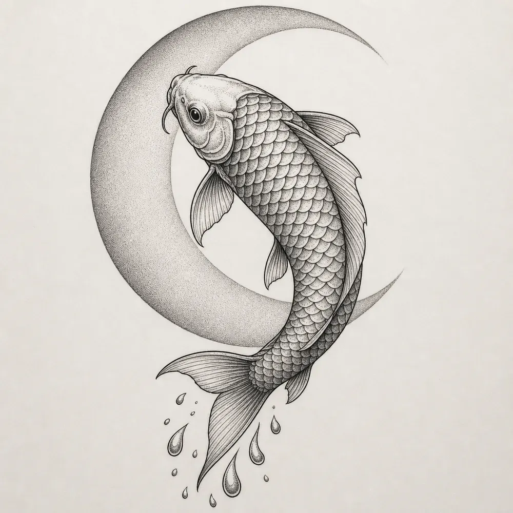 A koi arching in front of a stippled crescent moon, water drops falling from its tail, its scales drawn in fine black line.